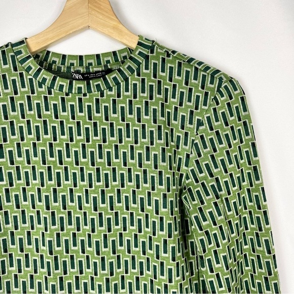 Zara Green Retro Geometric Crewneck Long Sleeve Top S - Picture 3 of 4